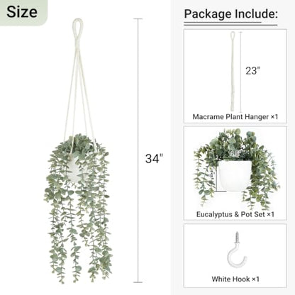 Ivory Fake Hanging Plant with Macrame Pot and Eucalyptus Vines - Durable Indoor Decor