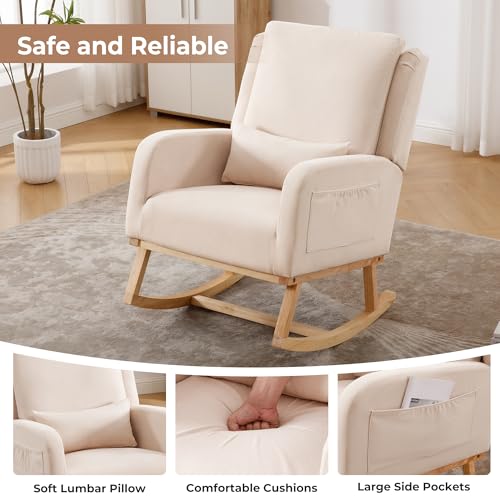 Nursery Glider Rocking Chair with Lumbar Pillow Beige - Modern Upholstered Nursery Chair for Bedroom & Living Room