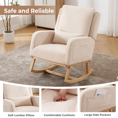 Nursery Glider Rocking Chair with Lumbar Pillow Beige - Modern Upholstered Nursery Chair for Bedroom & Living Room