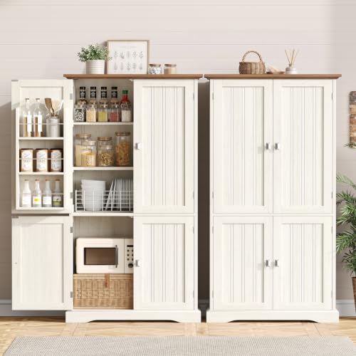 Tall Pantry Cabinet with 6 Doors - Rustic White Kitchen Storage