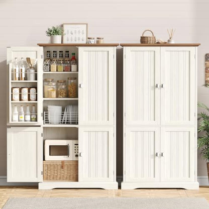 Tall Pantry Cabinet with 6 Doors - Rustic White Kitchen Storage