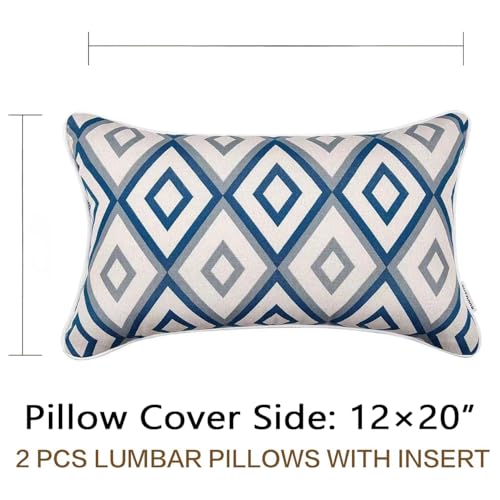 Outdoor Lumbar Pillows Set of 2 with Inserts - Rhombus White & Blue, 12x20 Inches