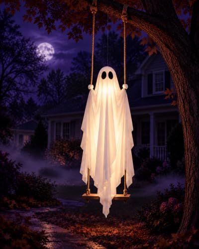 Halloween Outdoor Decorations Large 4.5 FT Hanging Swinging Ghost with Lights & Remote