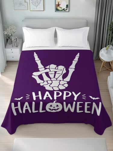 Twin Size Halloween Spooky Skeleton & Pumpkin Microfiber Flat Sheet - Purple