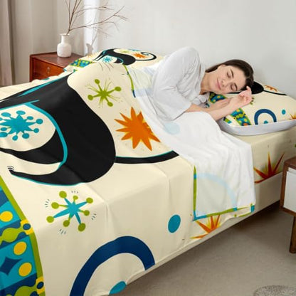 Queen Size Black Cat Bedding Set with Colorful Star Dots - 4Pcs Kids & Adults Bed Sheets