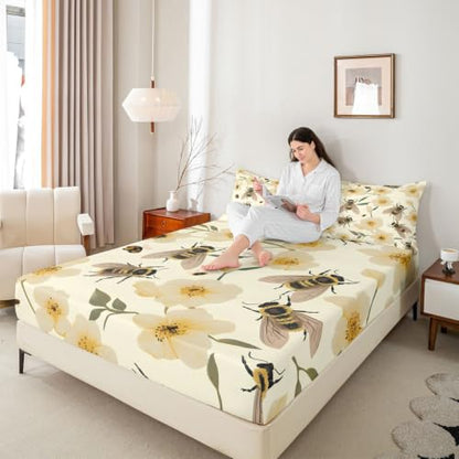 Kids Queen Size Floral Fitted Sheet Set with Pillowcases - Yellow, 60x80 Inches