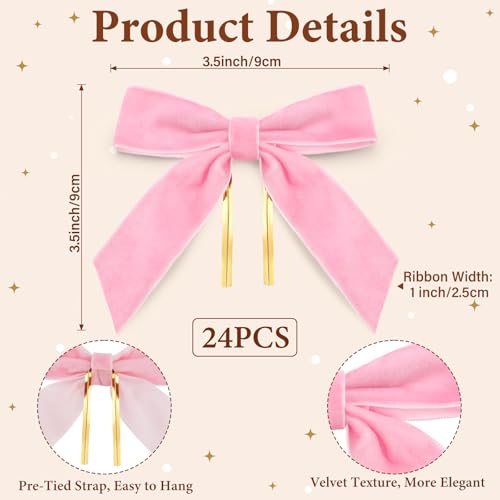 Pink Velvet Christmas Tree Bows - Set of 24 Pre-Tied Small Decorations