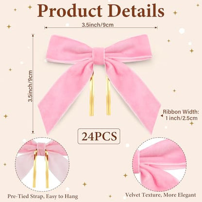 Pink Velvet Christmas Tree Bows - Set of 24 Pre-Tied Small Decorations