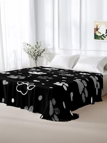 Twin Flat Sheet with Paw Print Print - Black Microfiber Bedding for All Seasons - LooPoP