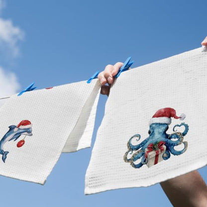 Christmas Dolphin Octopus Kitchen Dish Towels Set of 2 - Coastal Decor