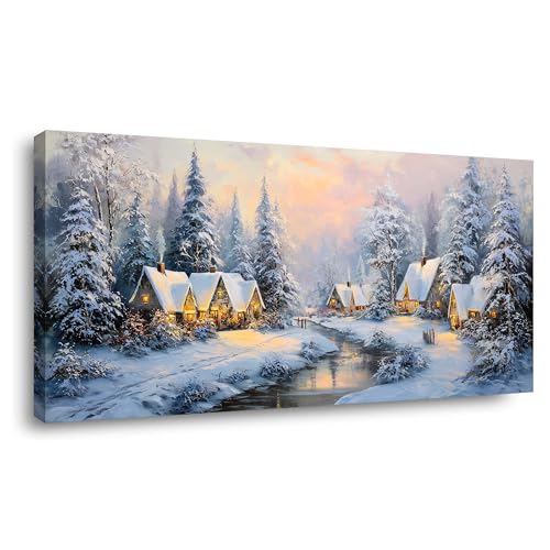 40-Inch White Retro Cabin Wall Art Canvas Print - Winter Forest Scene
