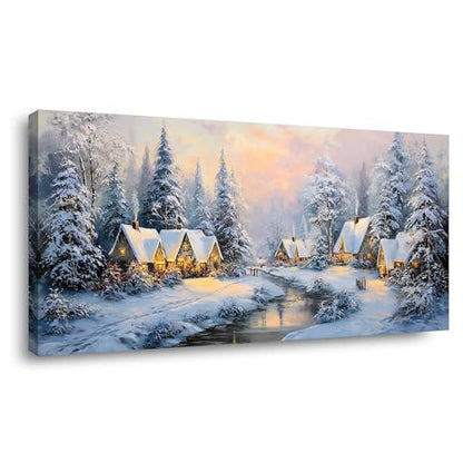 40-Inch White Retro Cabin Wall Art Canvas Print - Winter Forest Scene