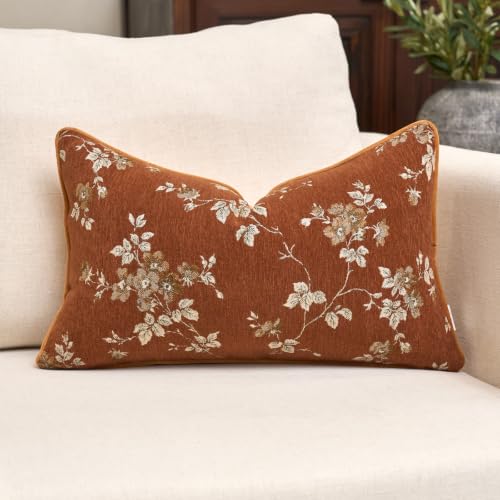 Alerfa Orange Neutral Floral Chenille Pillow Cover 12 x 20 Inch - Farmhouse Decorative Cushion Cover - Pack of 1