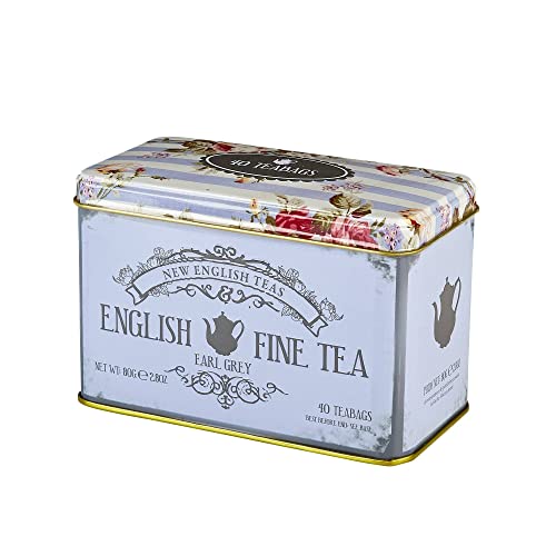 New English Teas Vintage Floral Tea Tin with 40 Earl Grey Teabags with Bergamot Flavouring