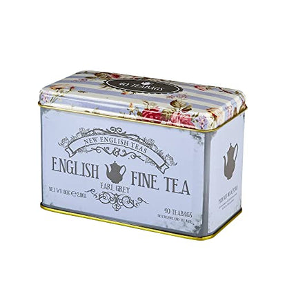 New English Teas Vintage Floral Tea Tin with 40 Earl Grey Teabags with Bergamot Flavouring