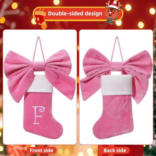 Mini Pink Velvet Christmas Stocking with Bow & Embroidered Monogram - Pink-A