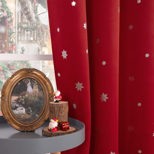 Christmas Snowflake Curtains for Living Room - 42x72 Inches, Red & White, Pack of 2 - Holiday Window Treatments