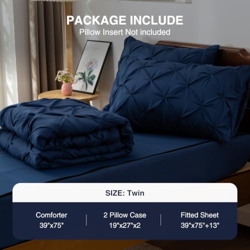 Aimuan Navy Twin Zippered Bedding Set Pinch Pleated Comforter & Fitted Sheet