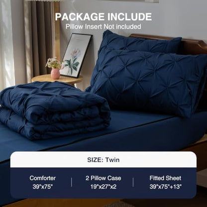 Aimuan Navy Twin Zippered Bedding Set Pinch Pleated Comforter & Fitted Sheet