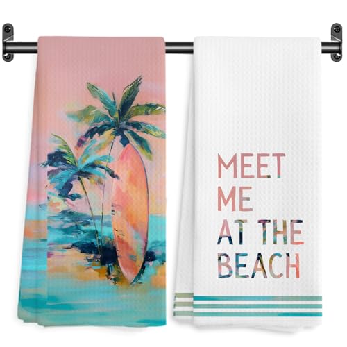 Wardos Coastal-C Boho Beach Kitchen Towels Set of 2 - Tropical Palm & Surfboard Design