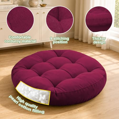 Large 20 Inch Round Floor Pillow Set of 2 - Wine Red Tufted Corduroy Meditation Cushions for Floor Seating and Relaxation