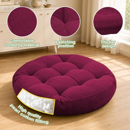Large 20 Inch Round Floor Pillow Set of 2 - Wine Red Tufted Corduroy Meditation Cushions for Floor Seating and Relaxation