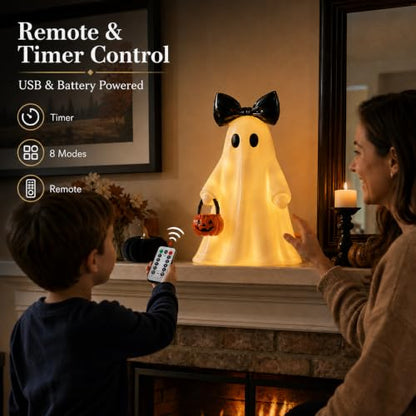 Large Lighted Ghost Figurine with Pumpkin Lantern & Remote Timer - White, 14 Inch - Variation: Ghost with Pumpkin-White