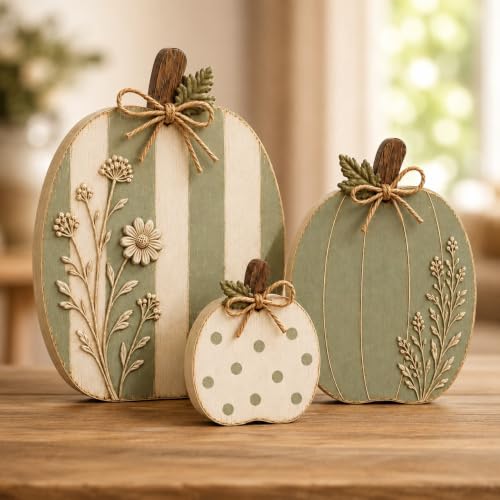Wildflower Wooden Pumpkin Set - Farmhouse Fall Decor, 3 Sizes