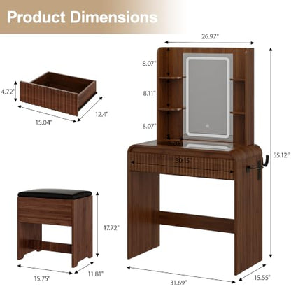 Walnut Makeup Vanity Desk with Mirror and Lights, 2 Drawers & Stool - Variation Walnut / 31.69 INCH