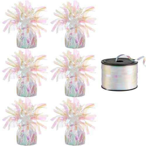 6 Pack Iridescent Metallic Balloon Weights with Curling Ribbon - Party Decorations