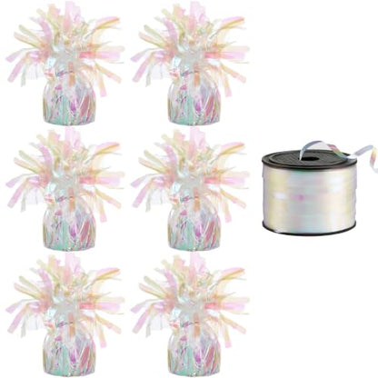 6 Pack Iridescent Metallic Balloon Weights with Curling Ribbon - Party Decorations