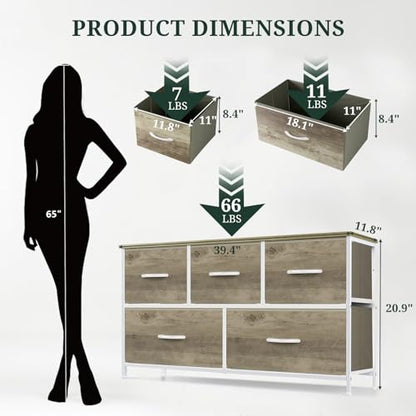5-Drawer Dresser for Bedroom, Anti-Tip Wide Storage Organizer Fabric Chest of Drawers TV Stand for 45" TV with Wooden Top and Metal Frame for Closet, Living Room, Hallway, Entryway, Greige Oak