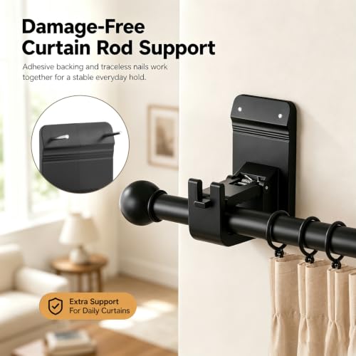 4 Pack No Drill Curtain Rod Brackets with Adhesive & Nails, Heavy Duty Support up to 17.6 lb - Black, Universal Fit - Variation 4