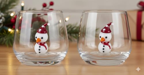 Snowman Glass Cup Set of 2 - 12oz Hand Blown Stemless Christmas Drinkware