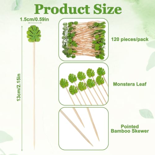120 Pcs Green Monstera Leaf Cocktail Picks - Bamboo Fancy Appetizer Skewers