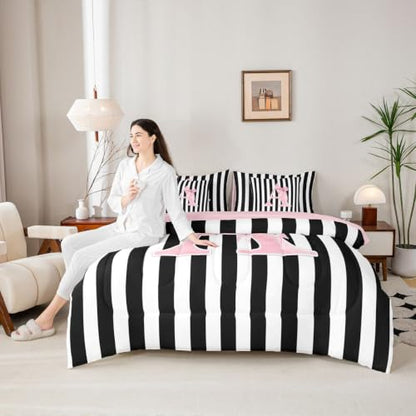 Pink Reversible Initial Letter A Comforter Set Queen Size - Black Pink Variation