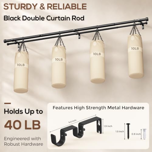 Heavy Duty Double Curtain Rod Set - Black, Adjustable 36-153 Inches