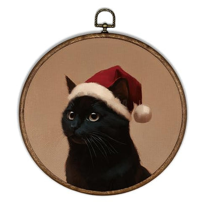Black Cat Christmas Wall Art Decor - Round Holiday Wall Hanging, 10x10 Inch - Cat Variation