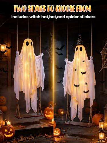 Halloween Swinging Ghost Outdoor Decoration with Witch's Hat - 5FT Ghost & Adjustable Rope