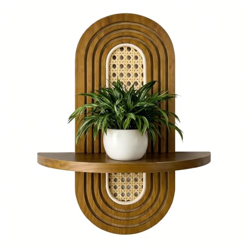 Walnut Boho Rattan Floating Wall Shelf - Mid-Century Plant Display