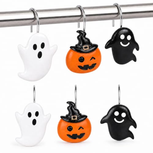 Halloween Ghost Pumpkin Shower Curtain Hooks Set - Spooky Bathroom Decor, Rustproof Metal Hangers, 12 Pieces