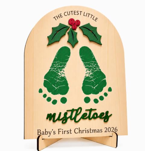 Baby Footprint Keepsake Wooden Sign - Personalized Christmas Mistletoes Footprint Decoration Xmas Footprint
