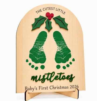 Baby Footprint Keepsake Wooden Sign - Personalized Christmas Mistletoes Footprint Decoration Xmas Footprint