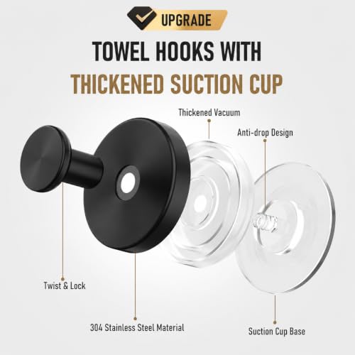 Black Suction Cup Hooks for Shower Bathroom 4-Pack - No Drill, Reusable