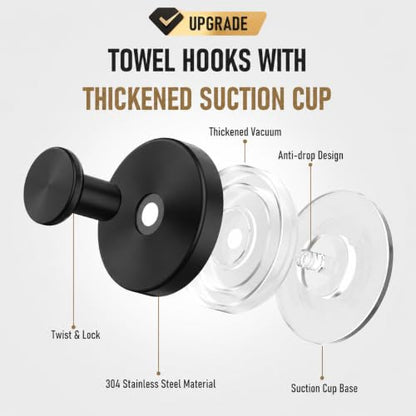Black Suction Cup Hooks for Shower Bathroom 4-Pack - No Drill, Reusable