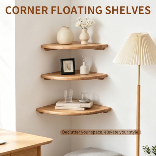 Natural Wood Corner Floating Shelves Set of 2, 10 Inch Wall Storage