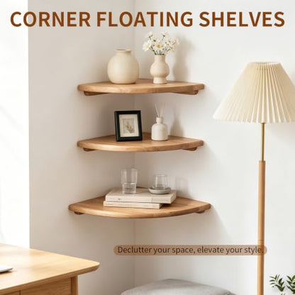 Natural Wood Corner Floating Shelves Set of 2, 10 Inch Wall Storage