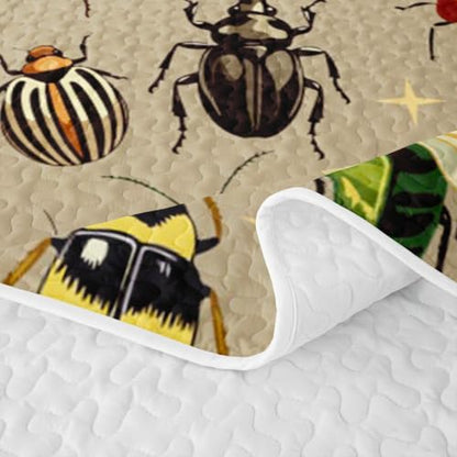 Castle Fairy Reptile Quilt Set Queen Size with Ladybug Pattern - Green Beige
