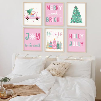 Christmas Wall Art Prints Set - Pink Holiday Decor for Living Room & Bedroom, 8x10 Inch Unframed