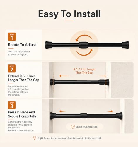 Mini Tension Rod 7-10 Inch for Window, Closet & Home Decor - Black & White